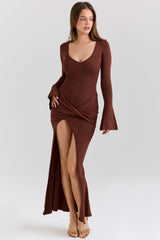 chocolate brown draped maxi dress