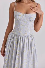 blue wildflower print cotton lace up maxi dress