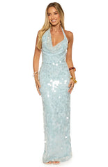 Baron Light Blue Sequin Cowl Maxi Dress