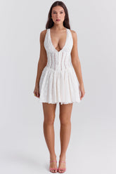 white cotton broderie anglais plunge mini dress