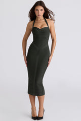 emerald halter neck bandage midi dress