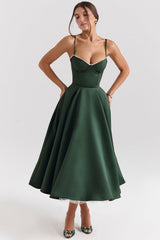 forest green satin tulle midi dress