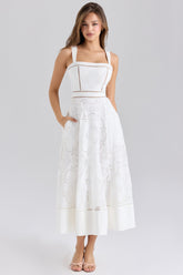 white stretch cotton broderie anglaise midi dress