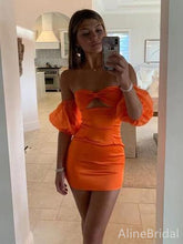 Simple Orange Strapless Short Homecoming Dress with Puff Sleeves, HD3237