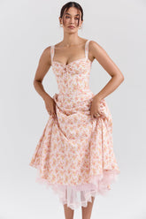 peach poppy print cotton bustier sundress