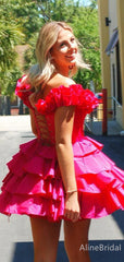Gorgeous Pink V-neck Off-Shoulder A-line Short Tiered Ruffles Homecoming Dress, HD32678