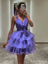 Elegant Purple V-neck Halter A-line Short Layered Tulle Homecoming Dress, HD32682
