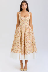 honeyflower print gathered cotton midi dress