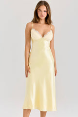 butter yellow satin bias cut midi dress