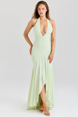 pistachio georgette draped midi dress