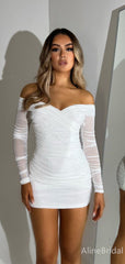 Elegant White Off-Shoulder Long Sleeves A-line Short Homecoming Dress, HD32781