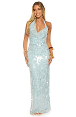 Baron Light Blue Sequin Cowl Maxi Dress