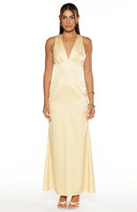 Nicolina Yellow Satin Formal Maxi Dress