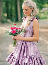 Purple Square Ruffles A-line Short Homecoming Dress with Tie Shoulder, HC382289