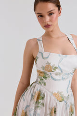 soft blue vintage ribbon print chiffon midi dress