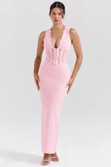 perfectly pink broderie anglais plunge maxi dress