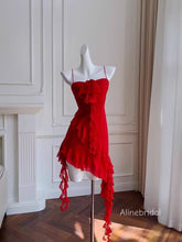 Sexy Spaghetti Straps Rufflles Asymmetrical Streamers A-line Red Chiffon Mini Homecoming Dress, PD382259