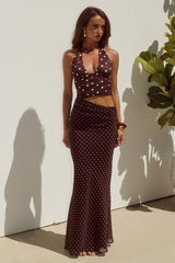 VALERIA HALTER CUTOUT MAXI DRESS - CHOC/LEMON POLKA