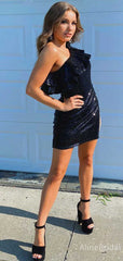 Elegant Black One Shoulder Short Mini Homecoming Dress, HD32662