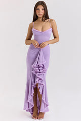 orchid mesh ruffled front gown