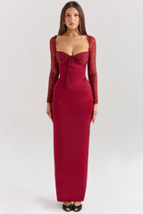berry satin maxi dress with corset