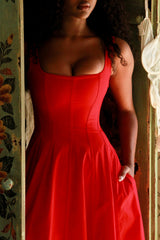 red stretch cotton midi sundress