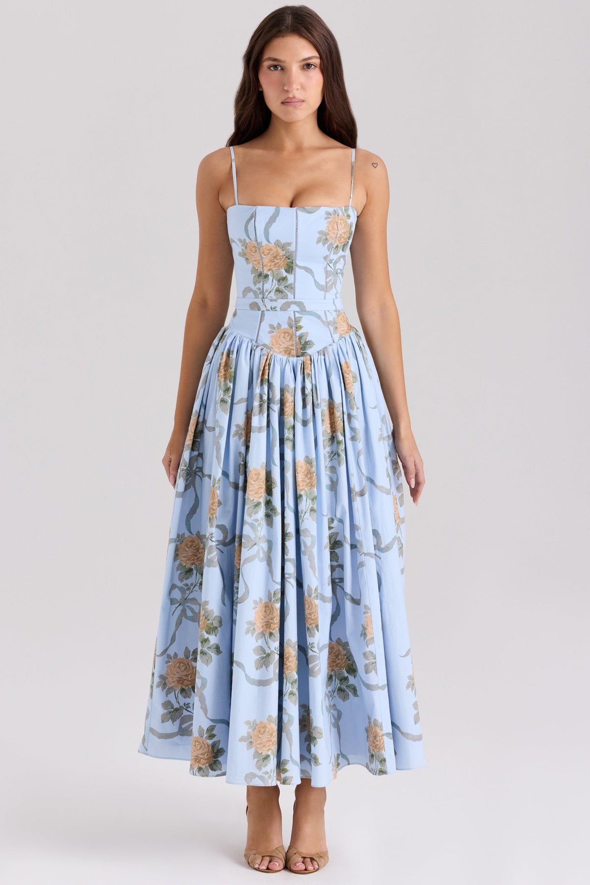blue vintage rose print cotton midi sundress