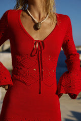 MILAH V-NECK KNIT MINI DRESS - RED
