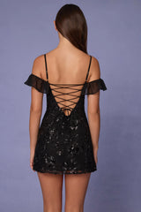 Embellished Lace-Up A-Line Mini Dress in Black