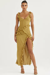 olive ruffle maxi dress