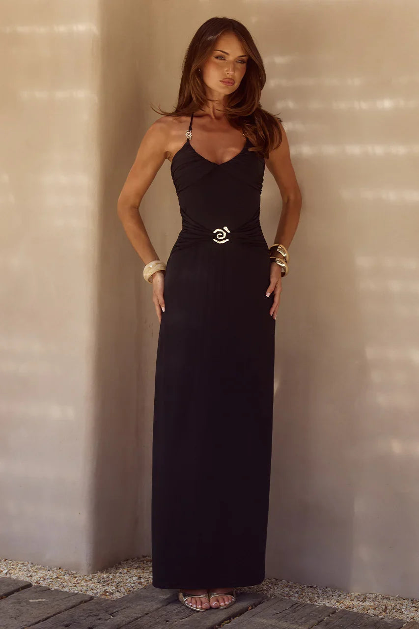 NINA RUCHED HALTER MAXI DRESS - BLACK