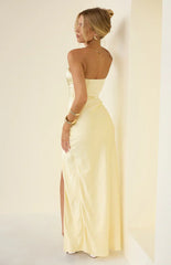 Sasha Yellow Ruched Twist Satin Maxi Dress