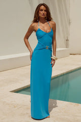 NINA RUCHED HALTER MAXI DRESS - OCEAN