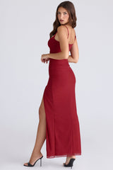 deep red stretch mesh corset maxi dress