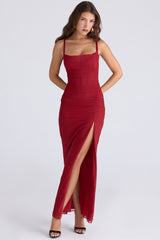 deep red stretch mesh corset maxi dress