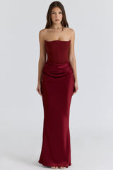 wine strapless corset maxi dress