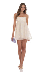 Embroidered Floral Babydoll Dress in Ivory