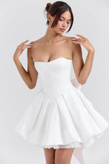 white satin strapless bow mini gown
