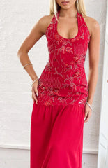 Aella Red Beaded Halter Maxi Dress