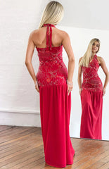 Aella Red Beaded Halter Maxi Dress
