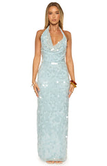 Baron Light Blue Sequin Cowl Maxi Dress
