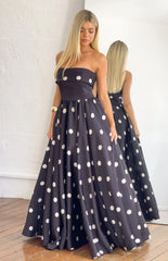 Julianne Strapless Polka Dot Satin Maxi Dress