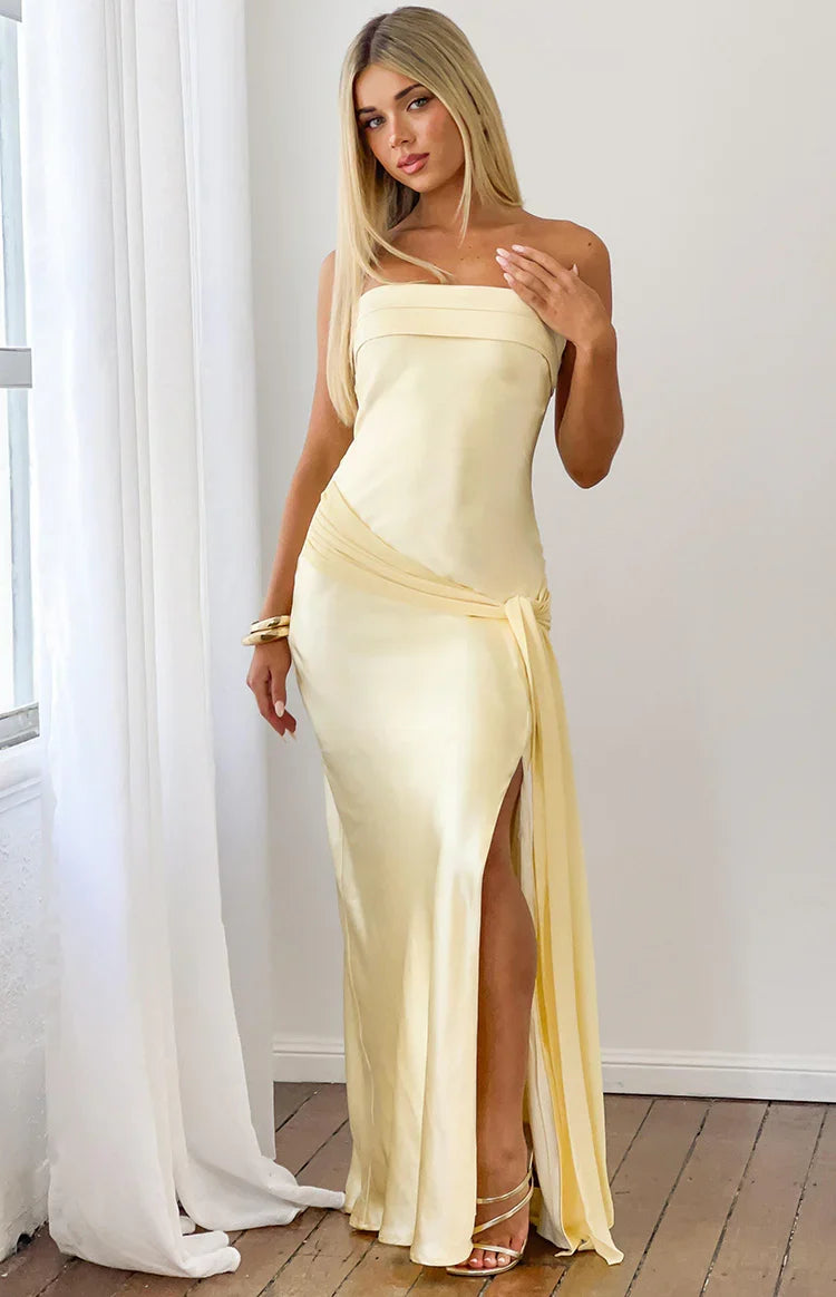 Novie Yellow Tie Detail Satin Strapless Maxi Dress