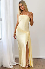 Novie Yellow Tie Detail Satin Strapless Maxi Dress