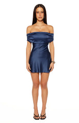 Primrose Navy Satin Off the Shoulder Mini Dress