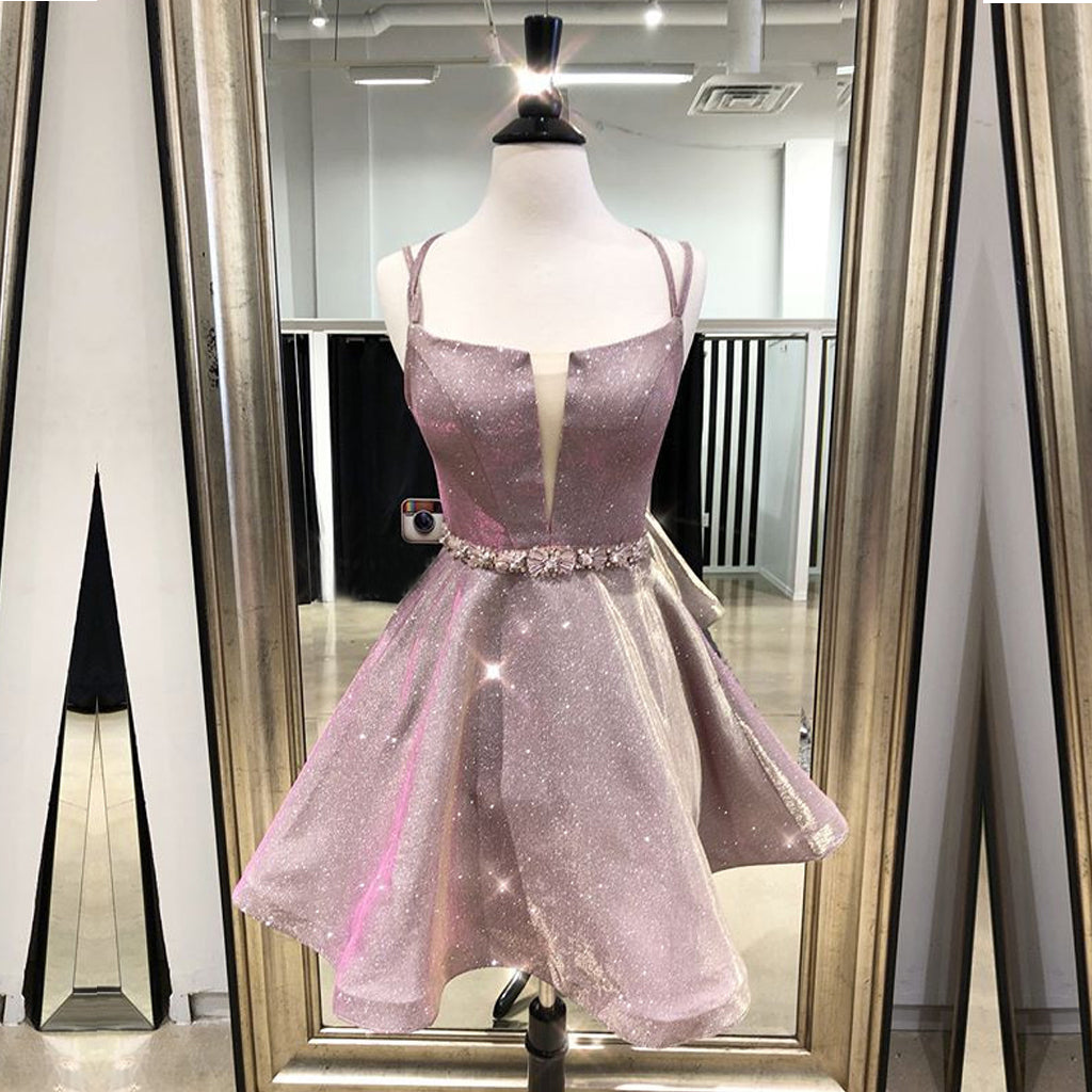 Glittering Starry-Effect A-line Rose Mini Homecoming Dress with Spaghetti Straps, HD001
