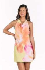 Zyla Yellow Hibiscus Floral Print Cowl Mini Dress