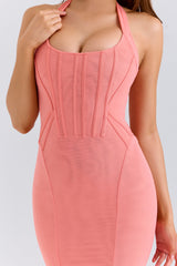 coral stretch mesh halter neck midi dress