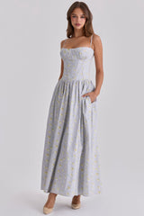 blue wildflower print cotton lace up maxi dress