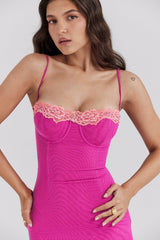 raspberry lace trimmed maxi dress